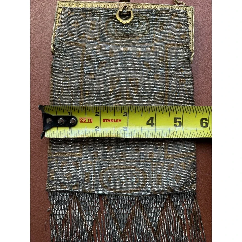 Antique FRENCH Art Deco Gold Silver Handmade Steel Beaded Fringe Flapper Purse
